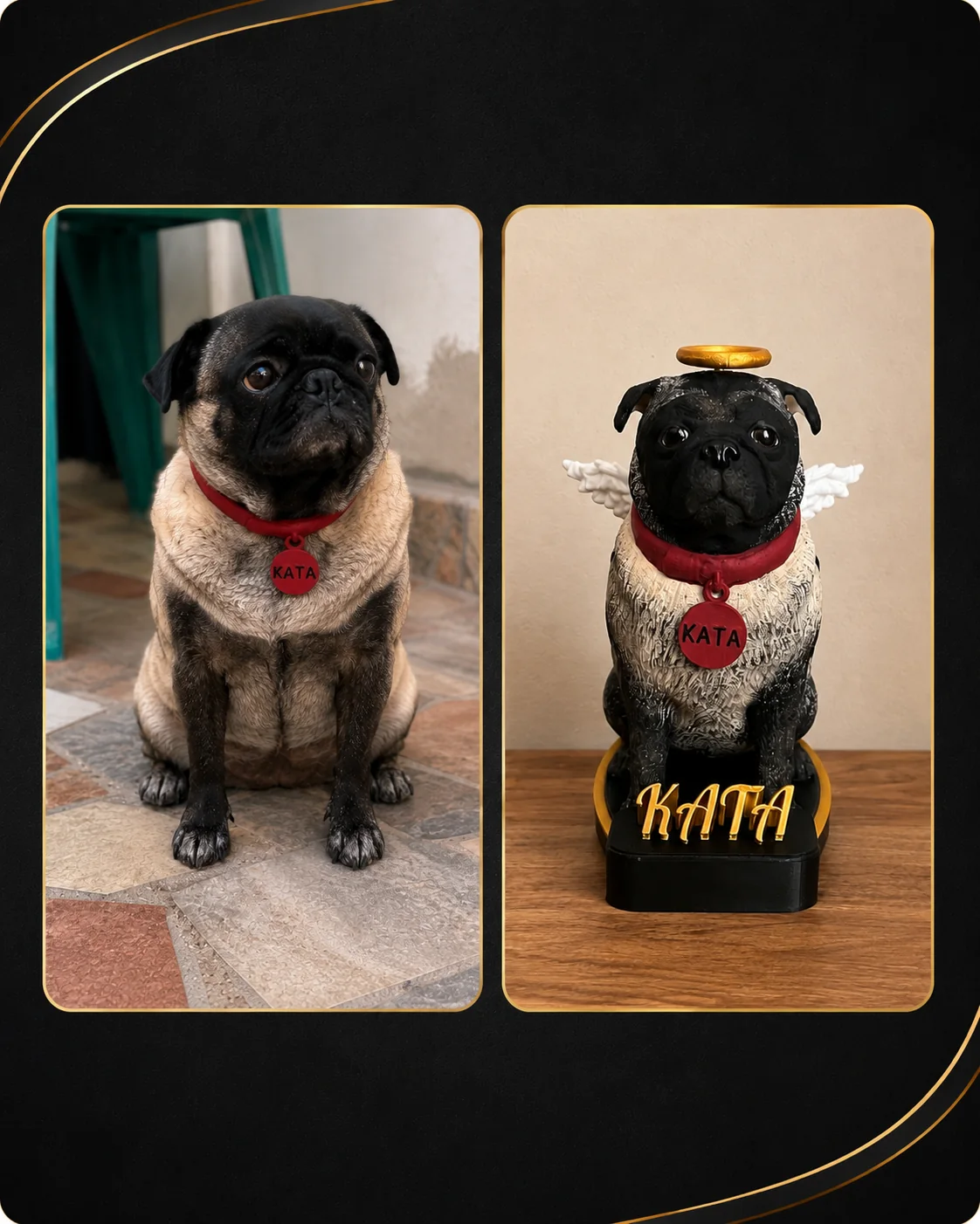 Escultura conmemorativa de mascota Kata comparada con su foto real | Aura Colombia 3D