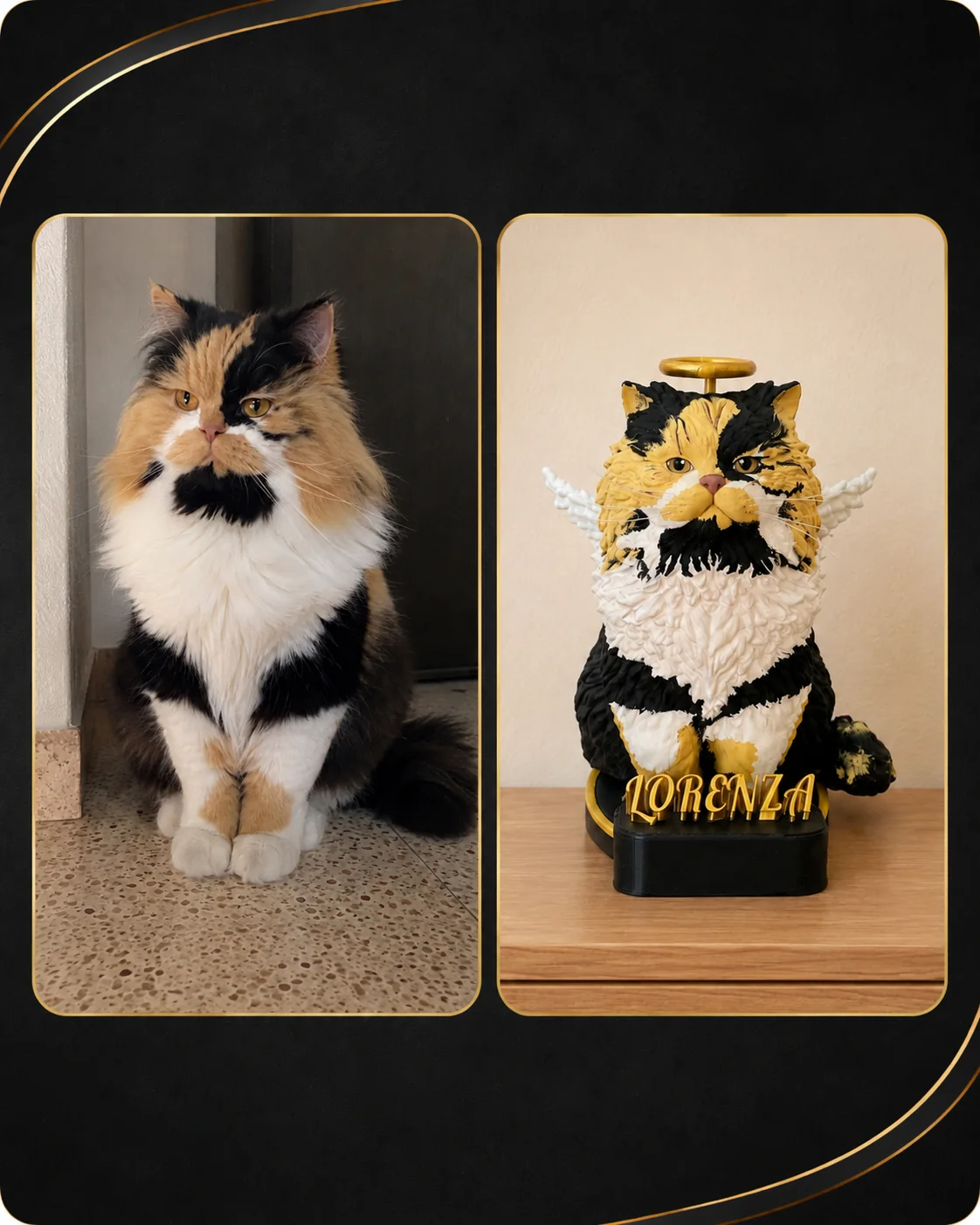 Escultura conmemorativa de gata Lorenza comparada con su foto real | Aura Colombia 3D