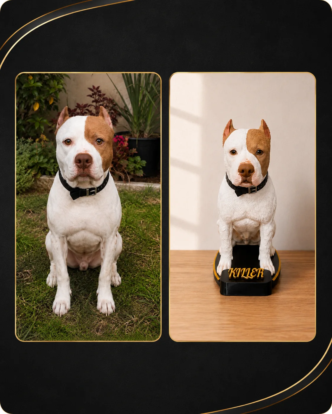 Escultura personalizada de mascota Killer comparada con su foto real | Aura Colombia 3D
