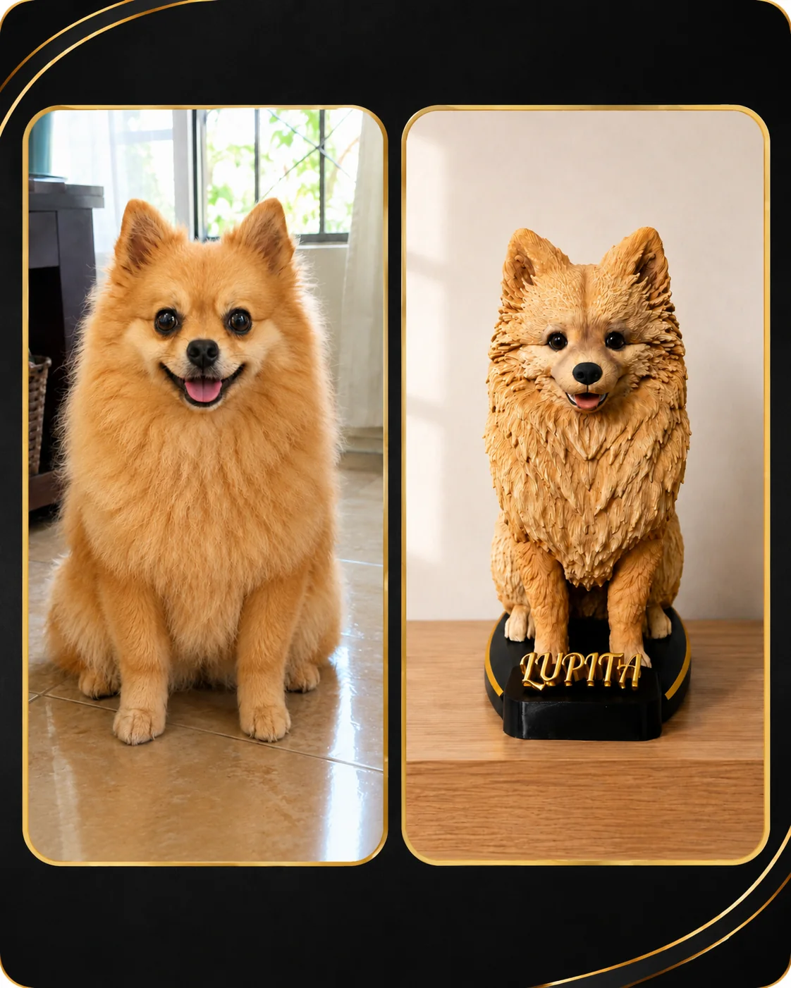 Escultura personalizada de pomeranian Lupita comparada con su foto real | Aura Colombia 3D